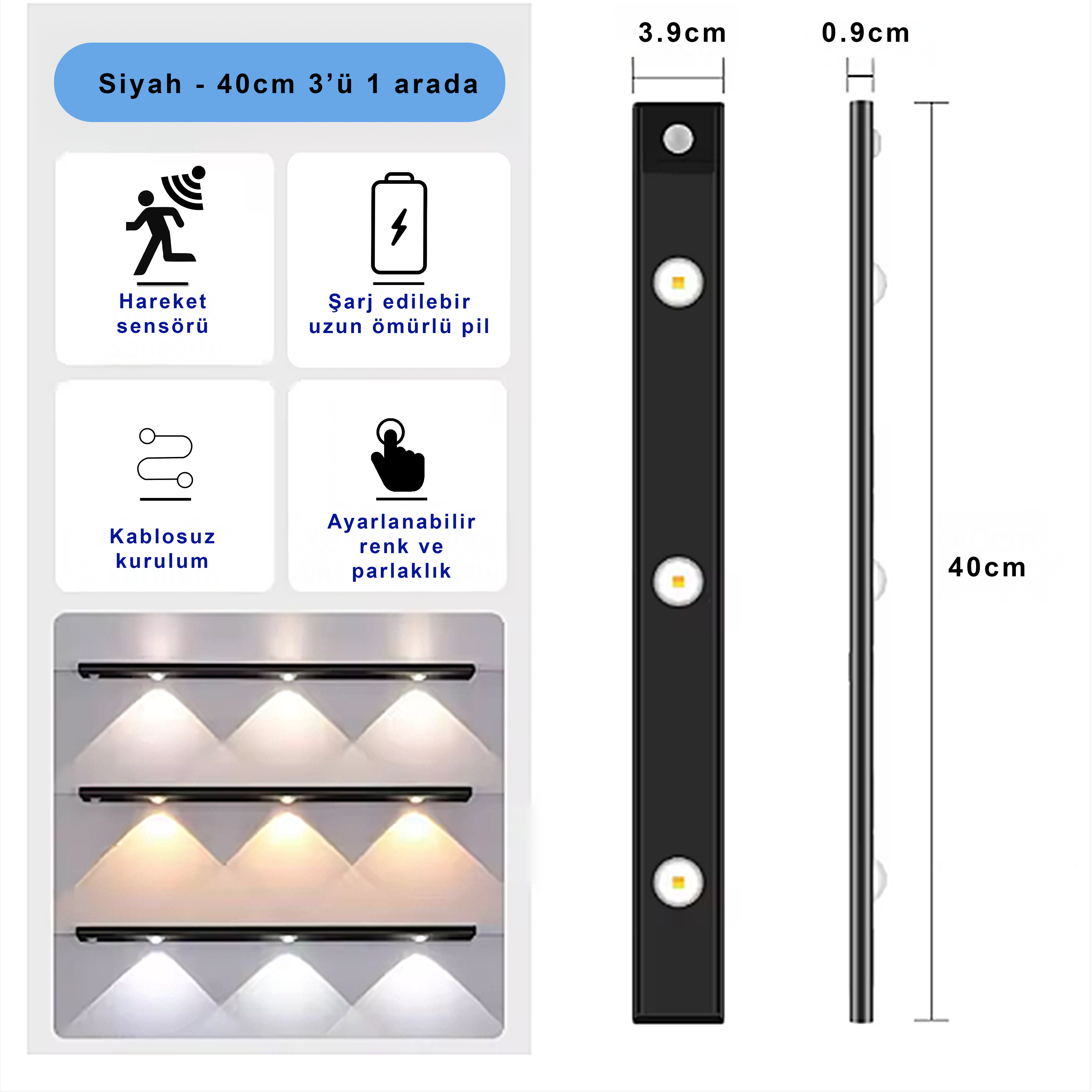 LED Hareket Sensörlü Işıklar - 3 Lambalı